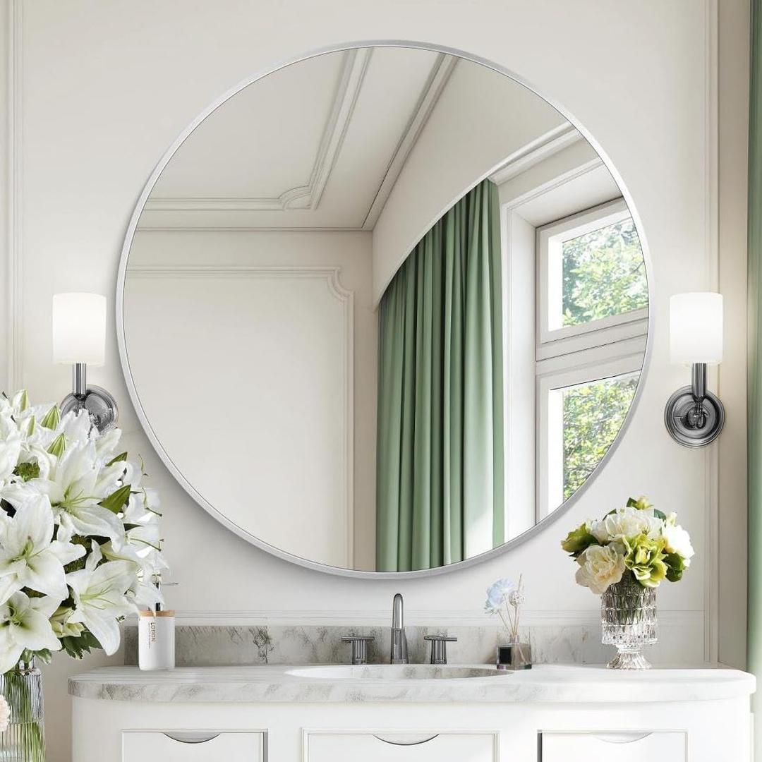Silver Round Mirror, 42 inch Large Circle Mirrors, Aluminum Metal Frame Big Round Bathroom Mirror, Oversized Circle Mirror, Huge Circular Mirrors for Wall Bathroom Entryway Bedroom Living Room (42"L x 42"W, Silver Frame)