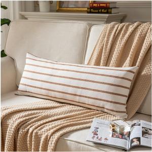 Caflife Boho Lumbar Throw Pillow Cover 14X36 Long Soft Farmhouse Decorative Couch Pillow Cases Brown Striped Body Pillow Covers Neutral Cushion Covers for Sofa Bed Living Room Home Decor Pack of 1