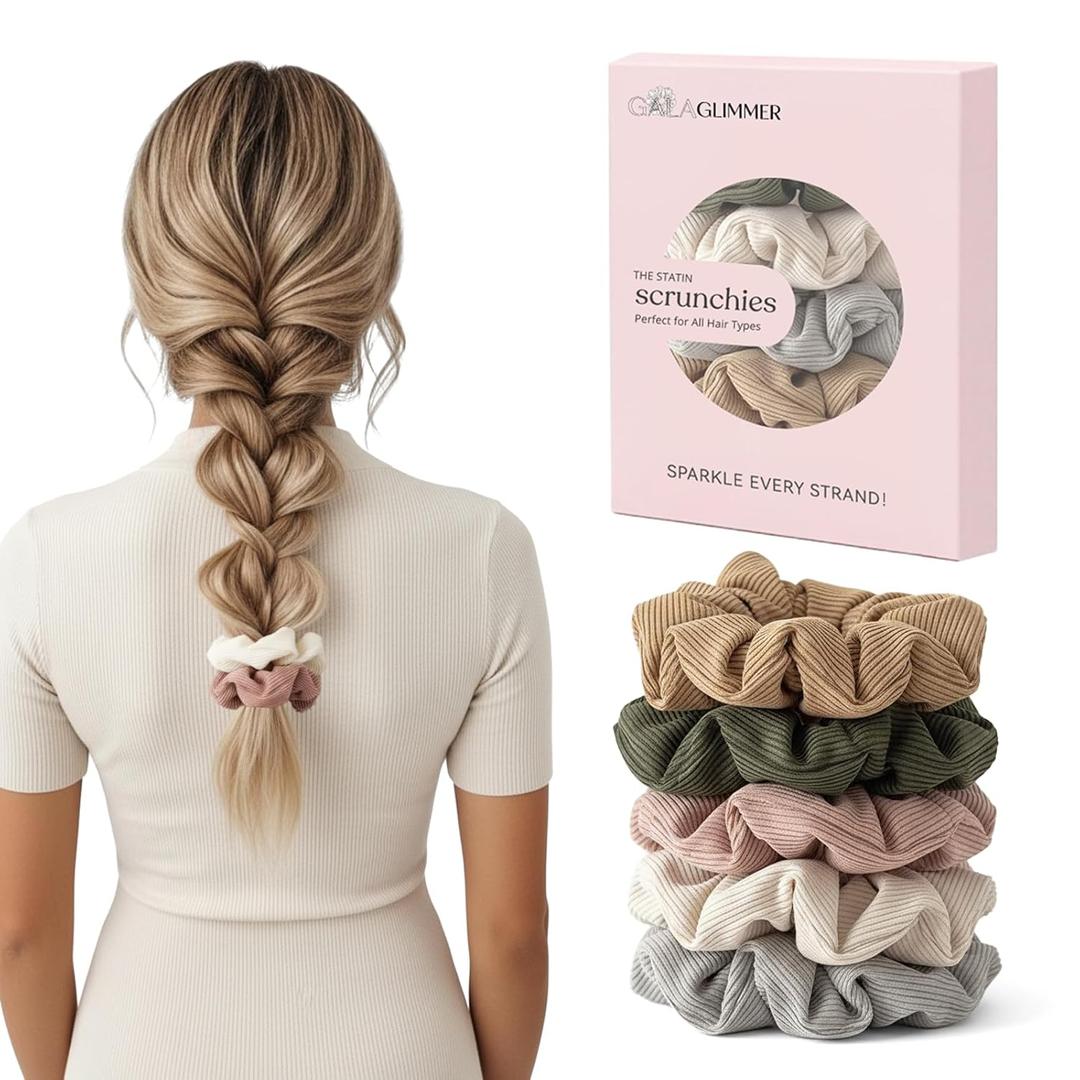 Hair Scrunchies for Women, No Crease Cotton Scrunchies for Thick & Curly Hair, Ideal for Workouts & Sports Everyday Wear (Brown, Green, Pink, White, Gray)