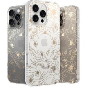 LONLI Hue Case for iPhone 16 Pro - [360 Shock-Absorbent Bumper] - [Cute and Unique Phone Cover for Girls and Women] - Gold Floral
