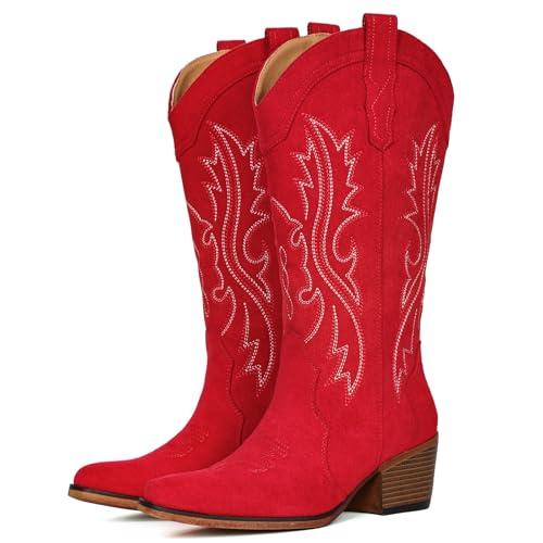 IUV Suede Cowboy Boots for Women Western Mid Calf Cowgirl Boots with Embroidered, Retro Snip Toe Fashion Boot With Chunky Block Heel Summer Fall Country Music Festival Cowboy Chic,Size 7