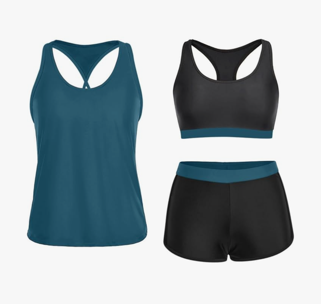 Yonique 3 Piece Athletic Tankini Swimsuits for Women with Shorts Swim Tank Tops with Sports Bra and Boyshorts Bathing Suits L