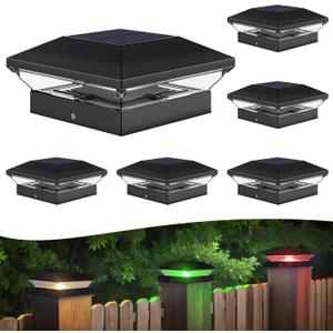 T-SUN Solar Post Cap Lights with Auto-Change Colors- for Wooden (4x4/6x6) & Vinyl (4x4/5x5) Posts | Weatherproof Outdoor Solar Fence Post Lights for Deck, Porch, Garden & Stairs(6-Pack,RGB)
