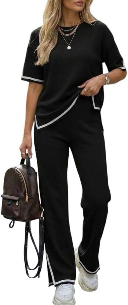 CHICME Women's 2 Piece Outfits Short Sleeve Knit Pullover Sweater Top Straight Leg Pants Loungewear Set Travel Airport Outfit (Large, Black)