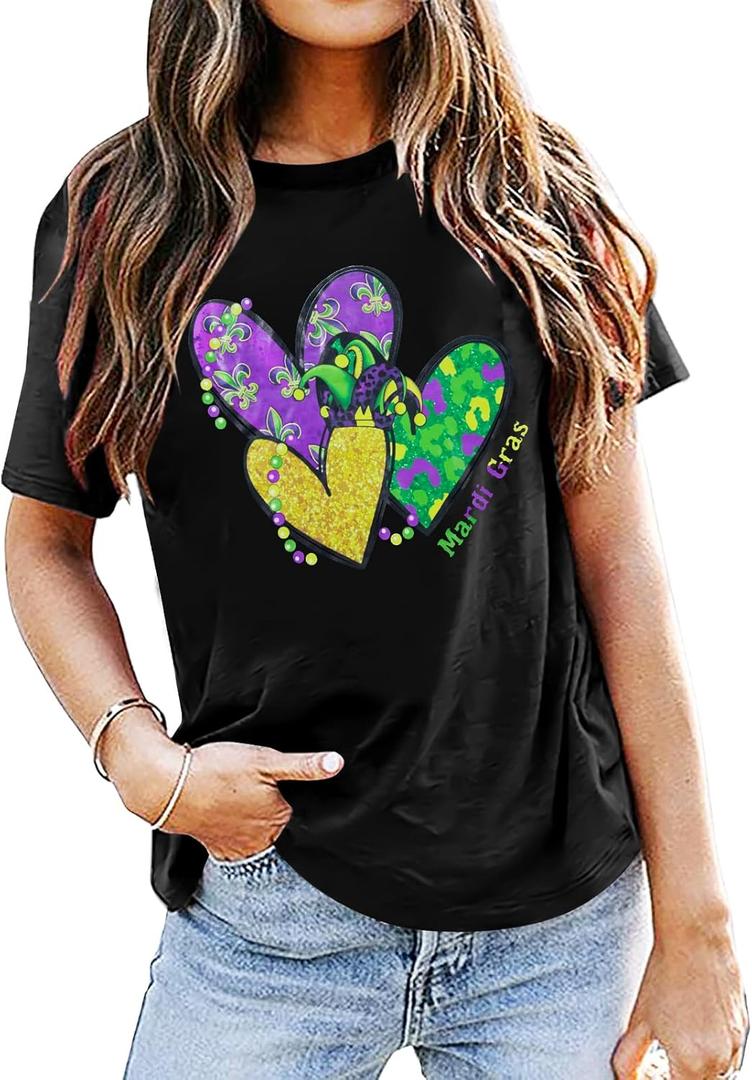 Mardi Gras Shirts Women: Mardi Gras Day Hearts T-Shirt Fat Tuesday Tee Carnival Shirt New Orleans Party Tshirt (Medium, Black)