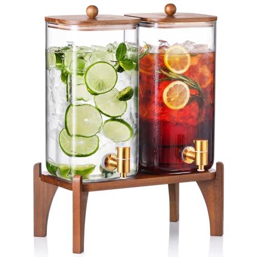 1 Pack 1.5 Gallon Square Glass Drink Dispenser with Wooden Stand & Lid, Large Beverage Dispenser with Stainless Steel Spigot, Juice & Lemonade Dispenser for Parties, Iced Tea, Water, Space-Saving