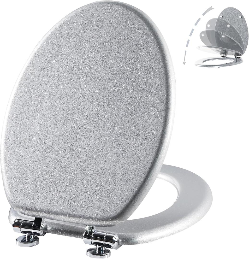 Angol Shiold Glitter Toilet Seat Molded Wood Elongated Toilet Seat with Quietly Close and Quick Release Hinges, Easy to Clean also Easy to Install (Elongated 18.5'', Silver)