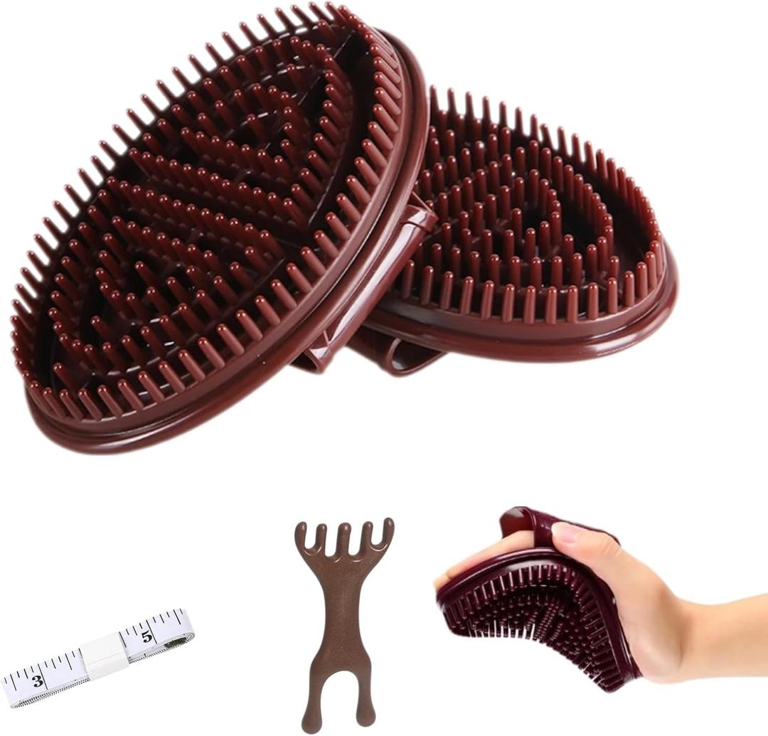 2 Pack Magnetic Meridian Brush Set for Belly Sculpting & Body Massage, Soft Silicone Cellulite Massager for Back Legs Arms, Portable Home Spa Tool with Scalp Comb & Tape Measure (Brown)