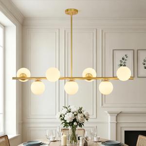 Globe Modern Sputnik Chandeliers for Dining Room Chandelier, 7-Light Dining Room Light Fixture Over Table, Mid Century Linear Chandelier Gold and Milk White Bubble, 43.3 Inch (Bulbs not Included)