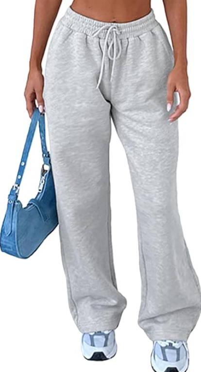 AROGONE Women's Casual Drawstring High Waisted Sweatpants Wide Straight Leg Lounge Pants with Pockets (Medium, Grey)