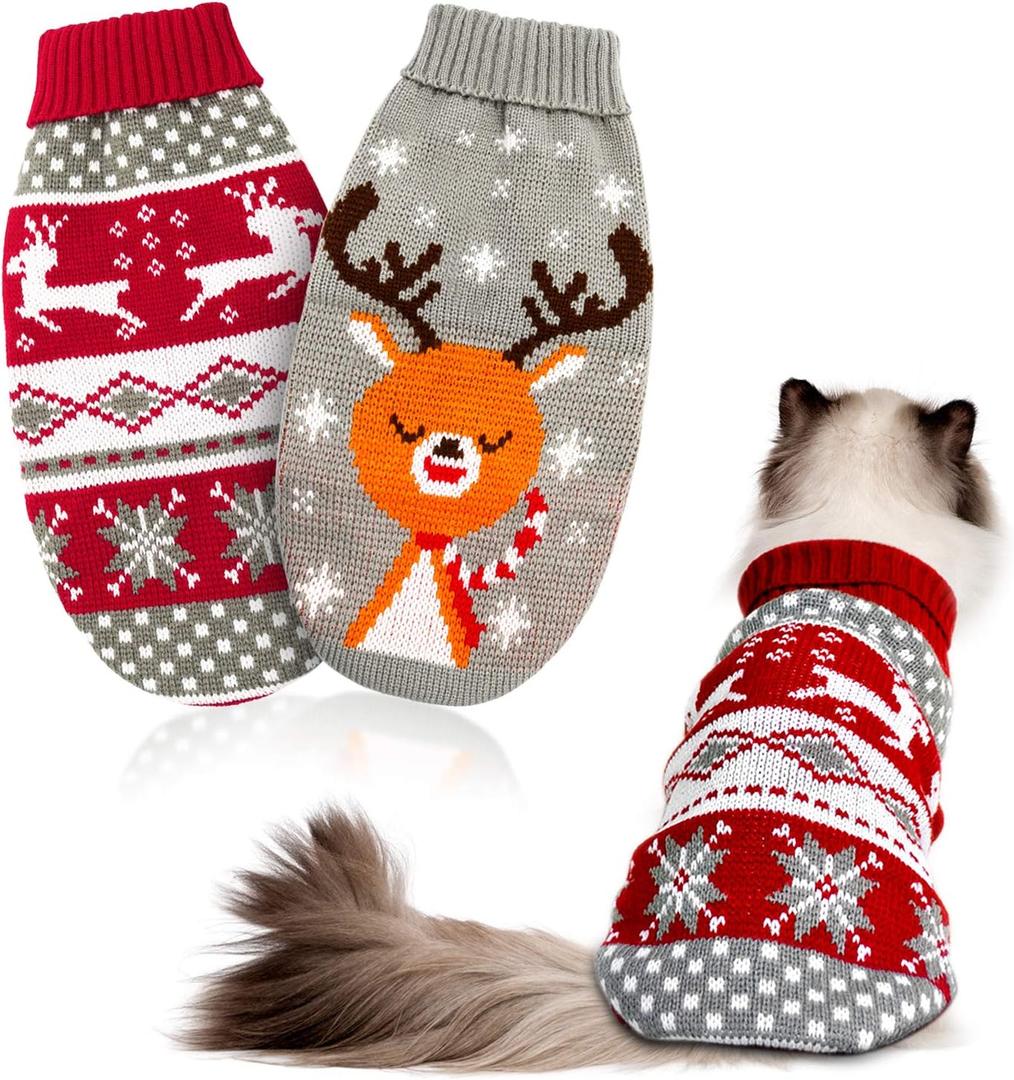 HYLYUN Cat Christmas Sweaters 2 Packs, Puppy Christmas Sweater Pet Reindeer Snowflake Sweaters for Kittys and Small Dogs S