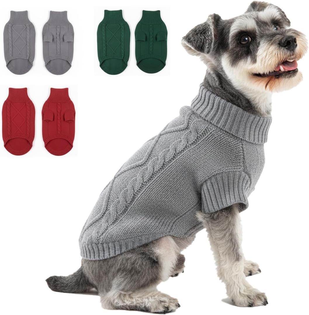 Thick Knit Dog Sweater, Warm Turtleneck Pullover Winter Sweaters for Small, Medium Dogs, Cute Knitted Pet Clothes for Puppy, Holiday Costume for Boy & Girl Doggy, Mini Schnauzer Outfit, Grey M