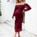 AISWI Mesh Ruched Maternity Dress Baby Shower Wedding Guest Pregnancy Shoot Fall Long Short Sleeves Square Neck (Red, XL)