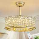 Gold Fandelier Ceiling Fans with Lights, 20 Inch Crystal Caged Ceiling Fan with Light and Remote, Semi Flush Mount Modern Farmhouse Chandelier Fan for Bedroom, Kitchen, Living Room, Small