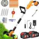 Electric Weed Wacker Cordless Battery Powered, Weed Cordless Eater with 2X 21V/4.0Ah Battery Operated & Wheels 3 Types Blades, 3 in 1 Stringless Grass Trimmer/Edger/Brush Cutter for Garden Yard Lawn