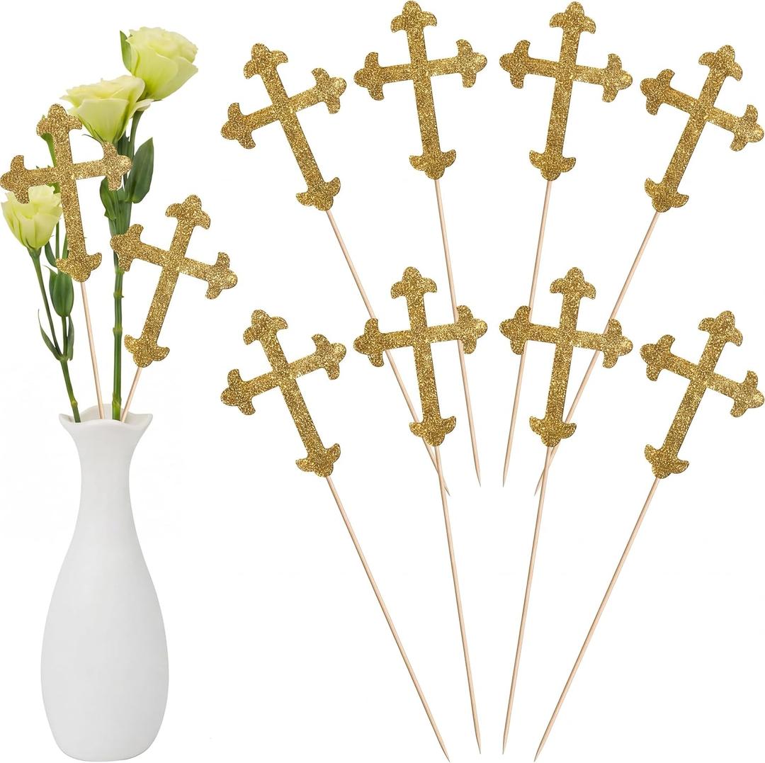 Menkxi 30 Pcs Baptism Gold Glitter Cross Centerpiece Sticks 10" Double Side Cross Baby Shower Cake Toppers Centerpieces for Tables Wedding Birthday Party Religious Christening Decoration