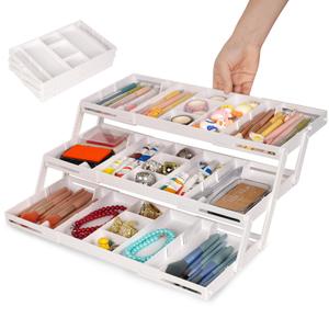 3 Tier Drawer Organizer - Expandable Junk Drawer Organizer Smart Office Supply Organizer, Folding Drawer Storage Multi-level Desk Organizer for Makeup,Jewelry,Kitchen Storage (1 Row 3 Tier, White)