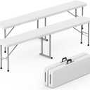 HLPB Folding Bench 6 ft, Foldable Plastic Bench with Handle and Smooth HDPE Tabletop, Protable in/Outdoor Picnic Party Camping Dining Seat, 2 Pack, White