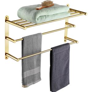KOKOSIRI 3 Tier Bath Towel Rack 24 Inch Wall Mounted Rack with Towel Bars Towel Shelf with Single Towel Bar Bathroom Ladder Brushed Gold B5003BG