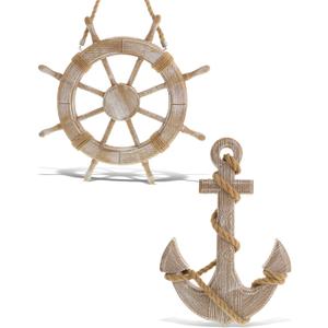 CoTa Global Baja Beach Wall Decor Anchor and Ship Wheel Set - Handmade and Crafted Wooden Anchor and Wheel with Ropes for Hanging, Nautical Themed Home Decor, Boat Steering Decorative Coastal Ornament, 17.8 X 17.8 X 1.1 Inches and 2 X 12.5 X 18 Inches