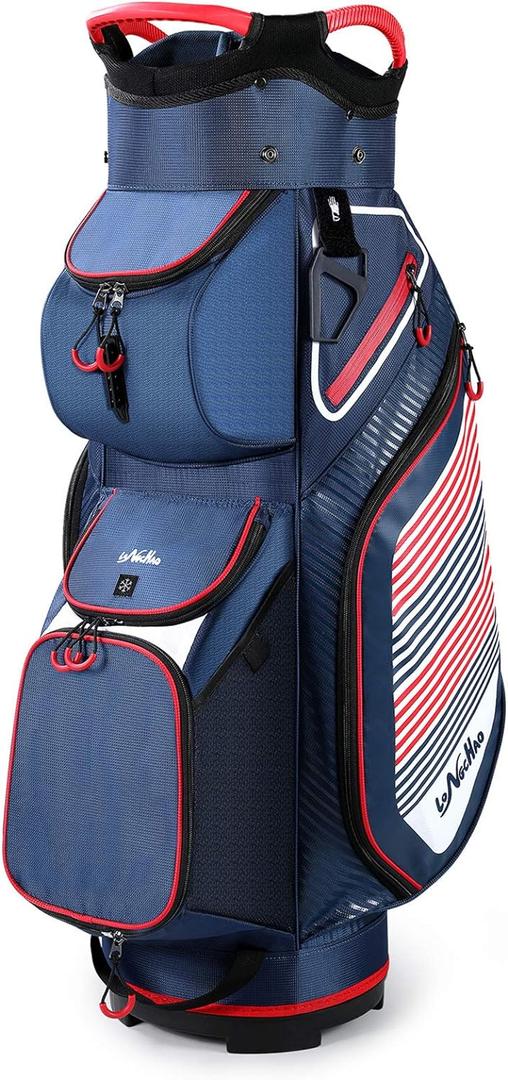 Golf Cart Bag 14 Dividers Top Clubs Organizer Lightweight with Cooler Pouch, Dust Cover and Backpack Strap (Blue/Red)