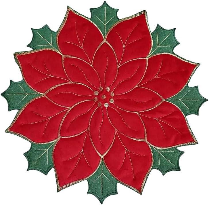 Round Christmas Placemat Set - Cream & Gold Floral/Red & Green Festive Coaster - Embroidered Linen Gift Poinsettia Flower Place Mat Decorative Placemats Heat Resistant Pad, Set of 2 (15.8")