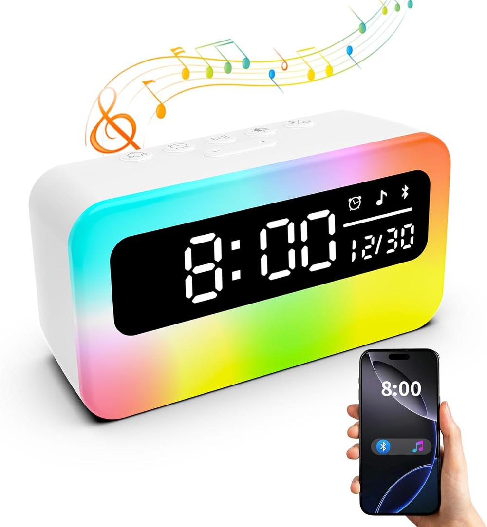 4 in 1 Rechargeable Loud Alarm Clock for Bedrooms with 16 Dynamic RGB Night Light, Digital Clock with Bluetooth Speaker, 11 Soothing Sound, 4000mAh Battery, LED Display for Bedside, Desk
