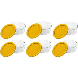 Pyrex Storage Plus 2-Cup Round Glass Food Storage Dish, Yellow Cover (Pack of 6) 