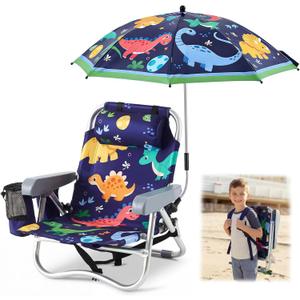 Yalikop Kids Beach Chair with 4 Positions Seaside Beach Chair with Umbrella Kids Folding Camping Seating for Boy Girls Children Sand Camping Travel Outdoor Summer Supply(Dinosaur Theme), 24.41 x 14.09 x 14.09 inches