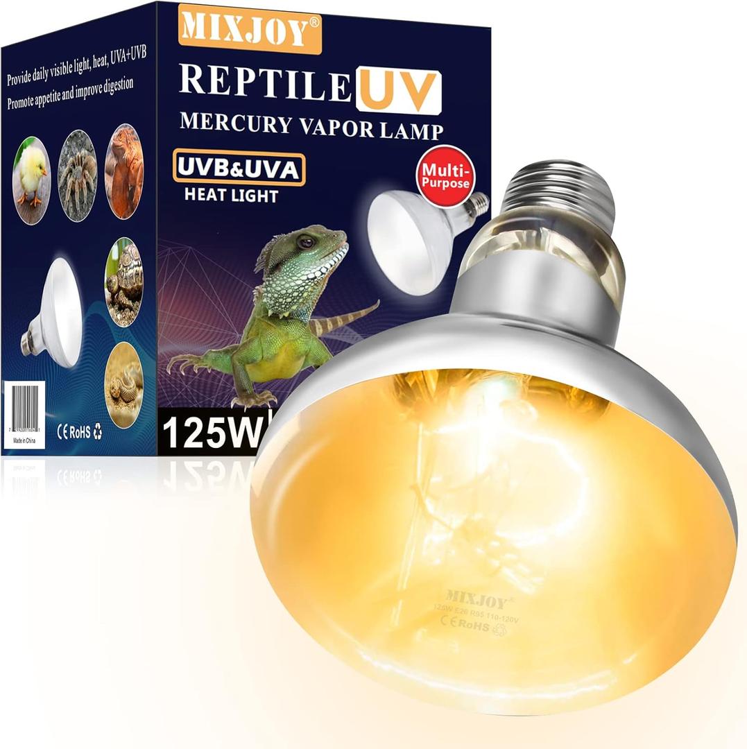 MIXJOY 125W Reptile Heat Lamp Bulb, High Intensity Self-Ballasted UVA UVB Light Bulb, Full Spectrum Sun Light for Reptile and Amphibian Use