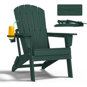 Folding Adirondack Chair - Extended Ergonomic Backrest, Cup Holder - Easy Assembly - Durable HDPE Plastic, Weather Resistant & Maintenance-Free - Lawn, Patio, Deck Supports 400lbs Green (1PC)