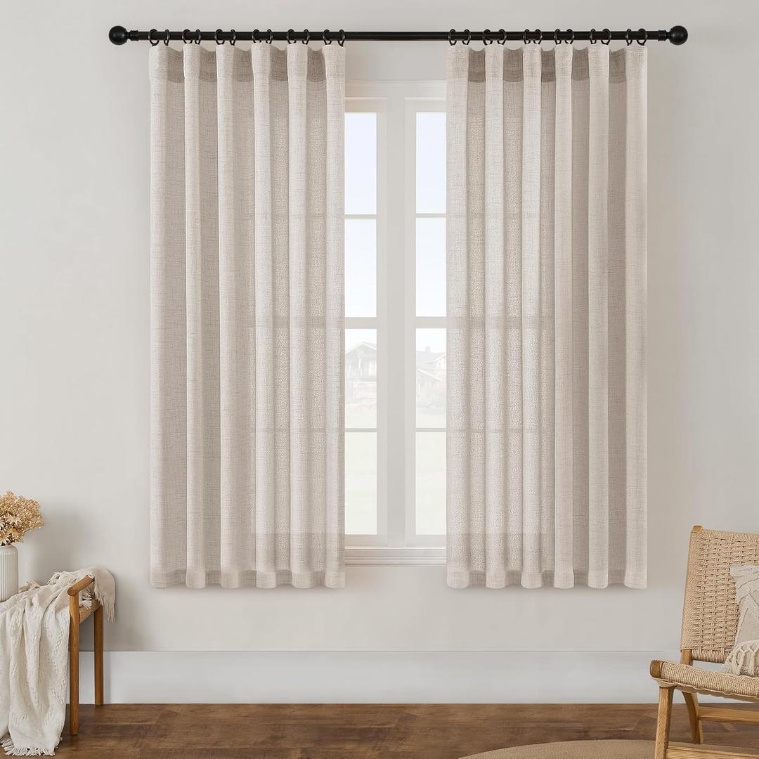Linen Curtains 63 Inch Length Semi Sheer Flax Linen Textured, Small Drapes for Farmhouse Kitchen Bedroom Apartment, Light Reducing Privacy Curtain Rod Pocket Hook Belt 63 Inches Long 2 Panels