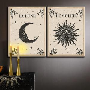 Geetery 2 Pcs Celestial Moon and Sun Wall Decor Wood Tarot Cards Boho Witchy Wall Decor Wooden Hanging Art Mystic Astrology decoration for Home Bedroom Living Room Gallery, No Frame