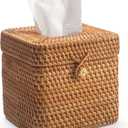 Rattan Tissue Box Cover Square, Wicker Tissue Box Holder with Lid, Natural Woven Facial Tissue Holder for Bathroom, Kitchen, Living Room (Natural)