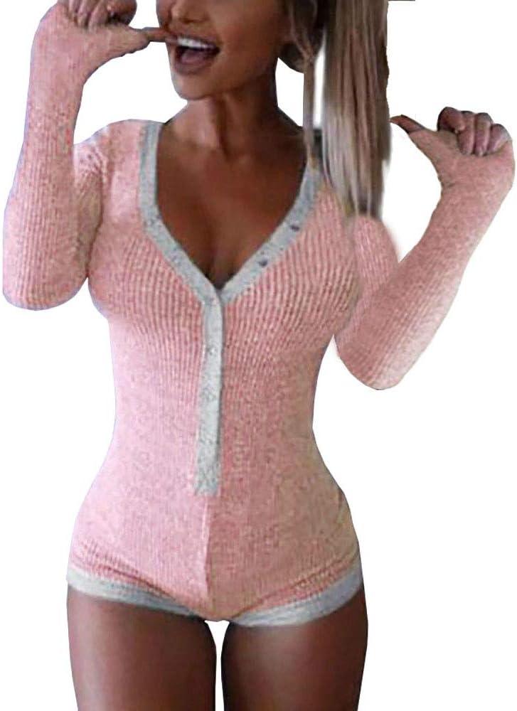 Roselux Women's Sexy Deep V Neck Shorts Long Sleeve Knitted One Piece Bodysuit Sexy Pajama Onesie Bodycon Rompers Overall, Large