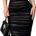 SISKIN Mesh Hollow Out Ruched Slip Dress Midi Bodycon Dress for Women Formal Party Night Out, Black (M)