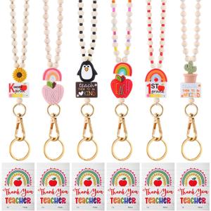 6 Pcs Teacher Lanyards for ID Badges Gift with 6 Pcs Teacher Thank You Appreciation Cards Bulk Wooden Beaded Lanyard for ID Badge Holder and Keys Cute Back to School Office Appreciation Gift