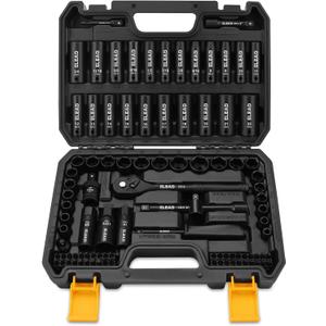 ELEAD 3/8" Drive Impact Socket Set, 96-Piece Deep & Shallow Socket Set Metric and Standard Full with Adapters, Ratchet Handle, Universal Joint, Extension Bar, Screwdriver Bit Set, Spark Plug Socket
