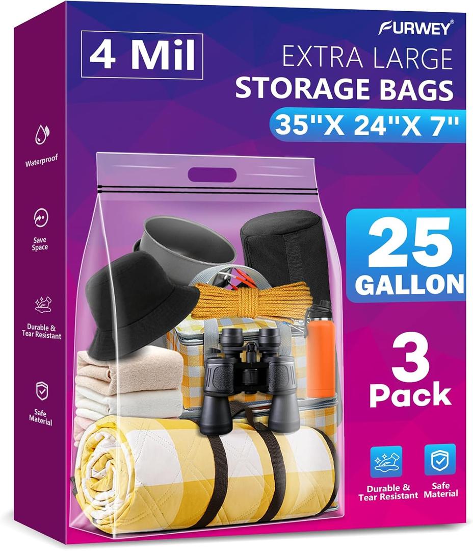 25 Gallon Extra Large Storage Bags 35x 24Resealable Clear Bags with Handle 4 Mil Thick Heavy Duty Big Bag for Clothes Pillow Travel Moving,Bedding,Shoes and Toys Storage, Pack of 3