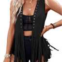Women Plus Size Western Fringe Vest 60s 70s Hippie Faux Suede Cowboy Cowgirl Vest Sleeveless Open Front Jacket (Large, Black)
