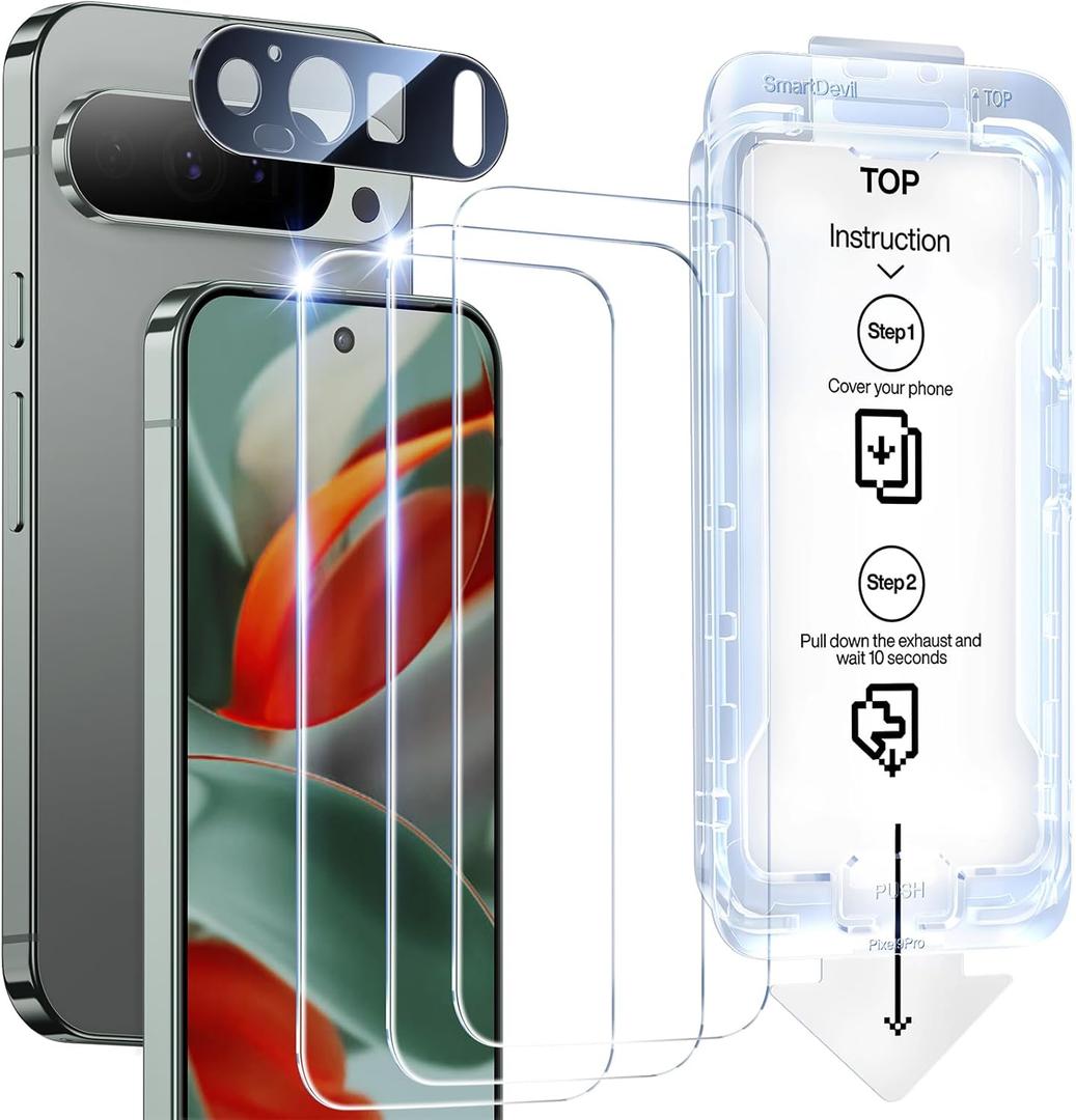 SMARTDEVIL [3+1 Pack] Tempered Glass for Google Pixel 9 Pro Screen Protector With Camera Lens Protector , FingerPrint Reader Compatible, Clear 9H Tempered Glass Film, Fast & Easy Installation, Bubble-Free