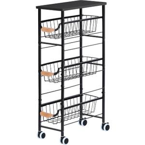 Shinoske Slim Storage Cart, 4-Tier Narrow Rolling Cartwith Pull-Out Iron Basket, Sturdy Slim Storage Cabinet Iron and Wood CombinationIdeal for Kitchen, Bathroom, and Laundry Room, Black