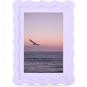 5x7 Picture Frame with Mat for 4x6, Wavy Edge Wooden Real Glass Photo Frame for Tabletop and Wall Hanging, Purple, 1 Pack