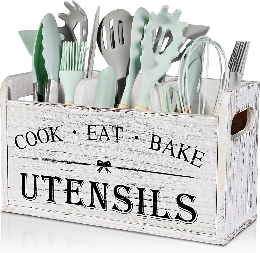 Kitchen Utensil Holder with 3 Compartments, Wooden Storage Utensil Organizer for Countertop, Farmhouse Decor, Rustic Cooking Utensil Kitchen Tool