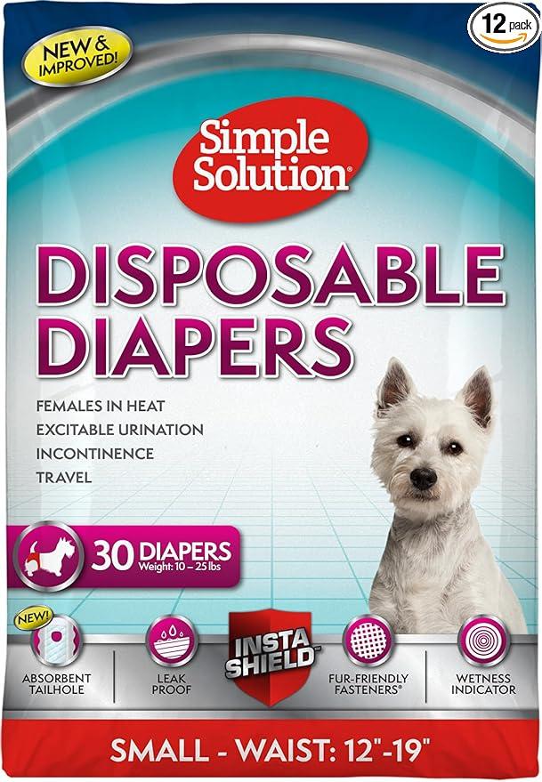 Simple Solution Female Dog Diapers – Disposable Diapers for Potty Training, Incontinence, and Heat Cycle Protection – LeakProof Fit for Small Dogs, 12–19 Inch Waist – 30 Count