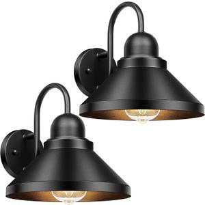 Brightever Gooseneck Outdoor Wall Sconces, 2-Pack Large 10.23IN Farmhouse Barn Lights for Porch, Industrial Black Exterior Wall Lights for Garage, Patio, E26 Base Anti-Rust, Bulb not Included