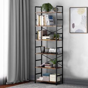 6 Tier Tall Rustic Wood Bookshelf, Metal Frame Standing Bookcase, Open Back Modern Office Bookcases, Industrial Vintage Book Shelf Unit