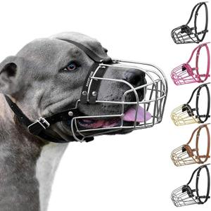 BRONZEDOG Pitbull Dog Muzzle Metal Mask Amstaff Wire Basket Pit Bull Adjustable Leather Straps for Large Dogs (Steel)