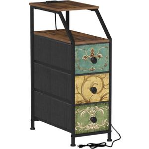 Tohomeor Narrow Dresser Tall Skinny Storage Tower Vertical Slim Chest of Drawers with Charging Station Small Nightstand Side Table for Bedroom, Bathroom, Small Spaces (Retro Flower, 3 Drawers) (18.9"D x 9.8"W x 28.4"H (3 Drawers))