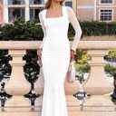 BORIFLORS Women's Ruched Bodycon Long Sleeve Maxi Dress Mesh Square Neck Cocktail Party Long Dresses (White, S)